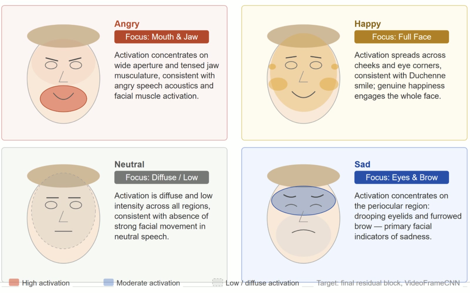 Four panels from the report, one per emotion class, naming the facial region the model attended to for each: mouth and jaw for angry, the full face for happy, diffuse for neutral, eyes and brow for sad.